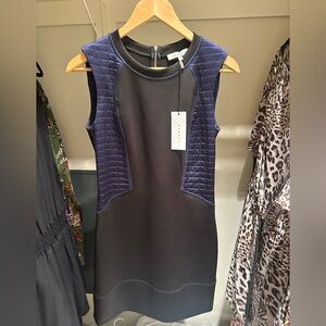 Brand new Sandro Sleeveless Black Dress with Navy Quilted Panels